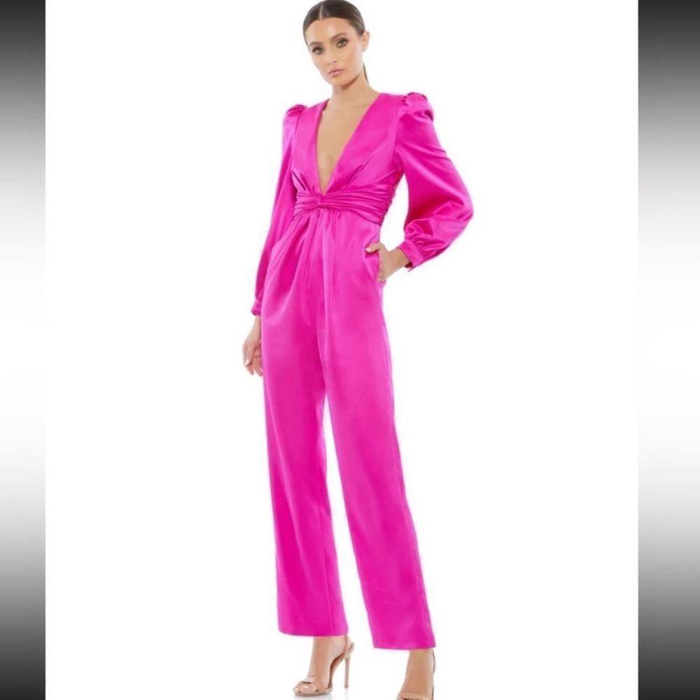 Mac Duggal Hot Pink Satin Long Sleeve Plunge Jumpsuit